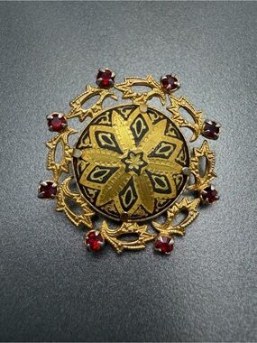 Vintage Damascene Brooch with Red Rhinestones #15DA